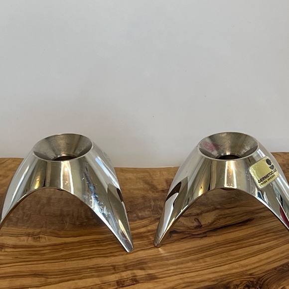 MCM AS Solingen Germany Candle Holders Brushed Steel Tripod Atomic 2 Set EUC - Picture 6 of 15